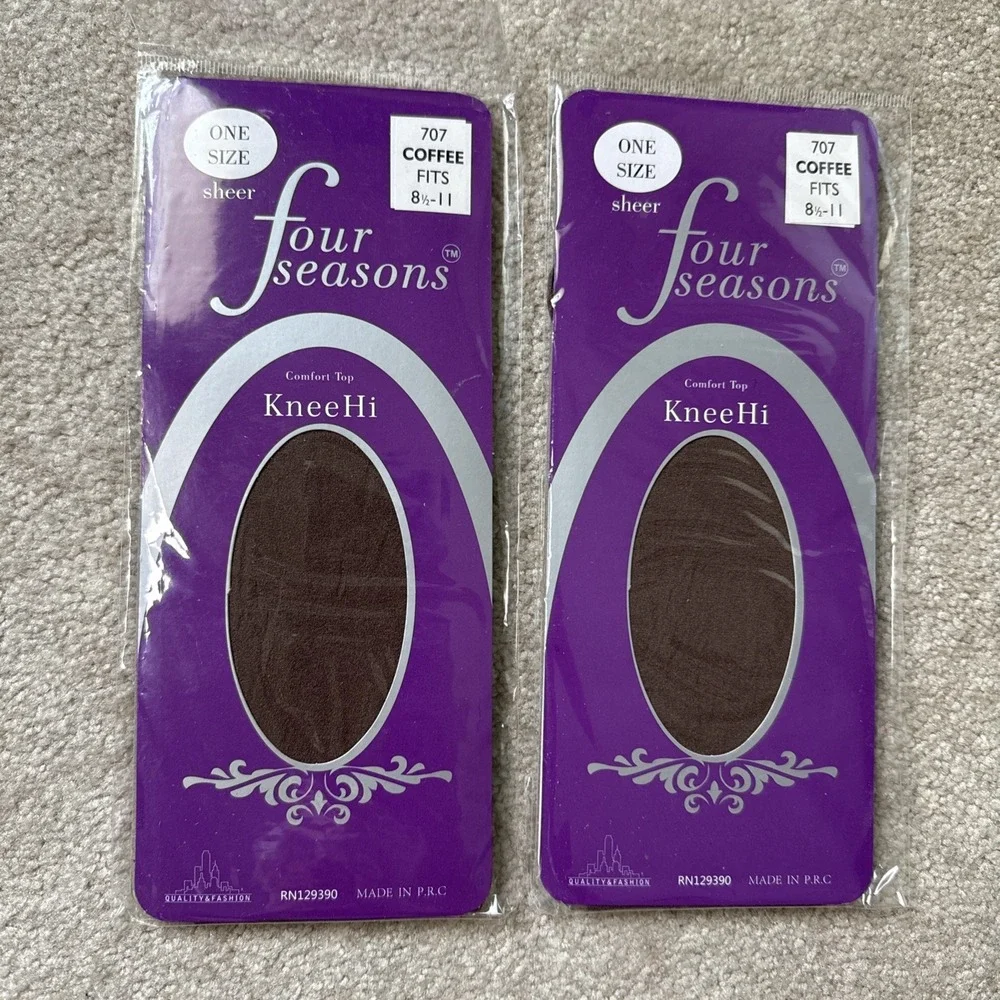 Lot of 2 Four Seasons Sheer KneeHi Comfort Top Stockings, Coffee, Nylon Socks